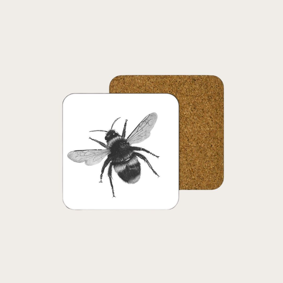 Hand-drawn Cephei the Bee Drinks Coaster by Libra Fine Arts, featuring a detailed black and white illustration of a bee. A stylish and practical gift for nature enthusiasts.