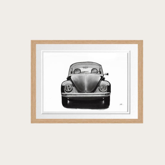 Classic Beetle Car Fine Art Print – Hand-Drawn Vintage Car Illustration