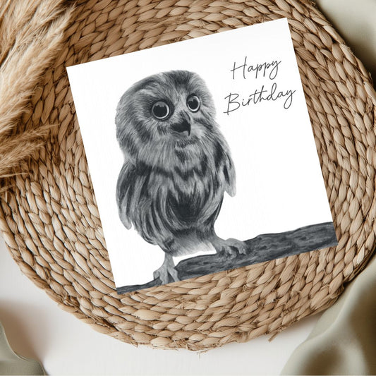 Birthday Owl Hand-Drawn Greeting Card – A Whimsical Celebration of Nature