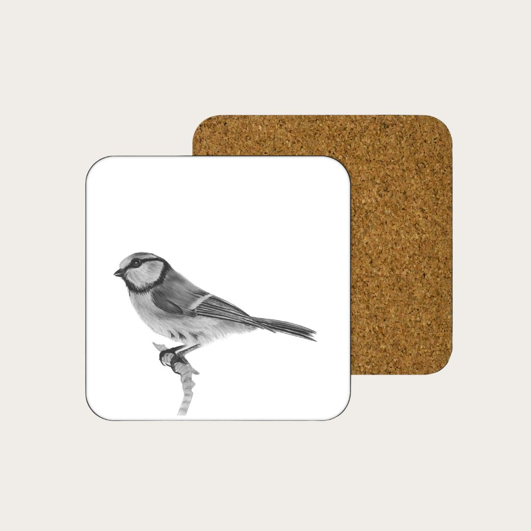 Sustainable bluetit bird coaster, hand-drawn by Libra Fine Arts, featuring a charming bluetit bird illustration. Eco-friendly and perfect for wildlife  lovers.a wonderful birthday present or christmas present for bird lovers and bluetit fans, 