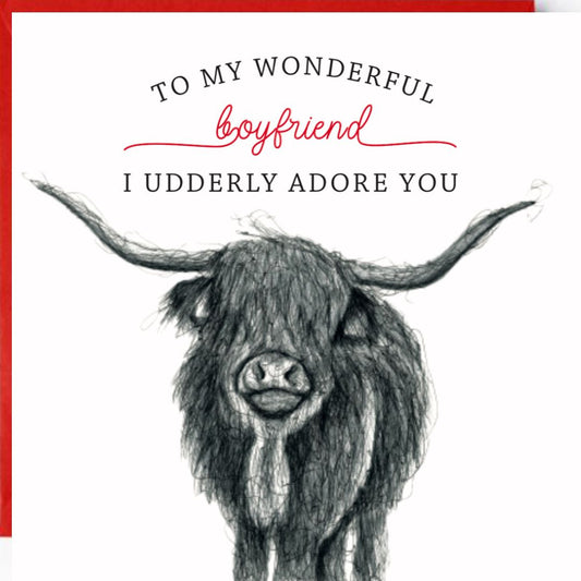 I Udderly Adore You" Highland Cow Card for Boyfriend Greeting Card