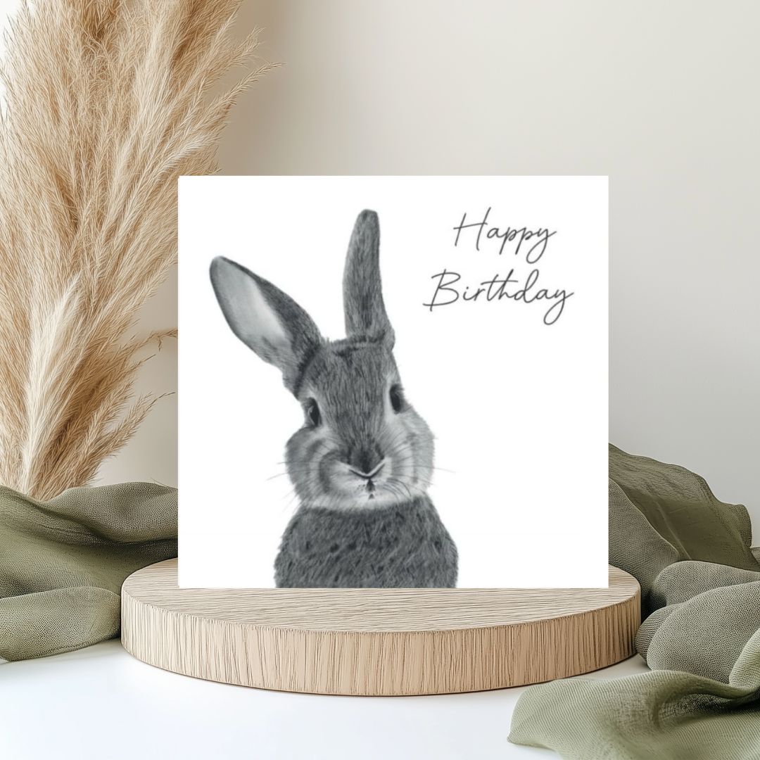 "Bunny Card Hand-Drawn by Lobra Fine Arts – A cute, hand-drawn design featuring an adorable bunny, perfect for sending sweet and thoughtful wishes on birthdays or special occasions
