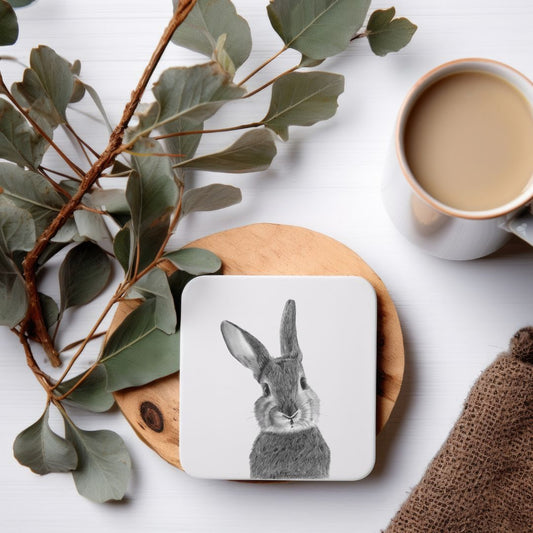 Hand-drawn Bellatrix the Bunny Drinks Coaster by Libra Fine Arts, featuring a detailed black and white illustration of a bunny. A stylish and practical gift for animal lovers