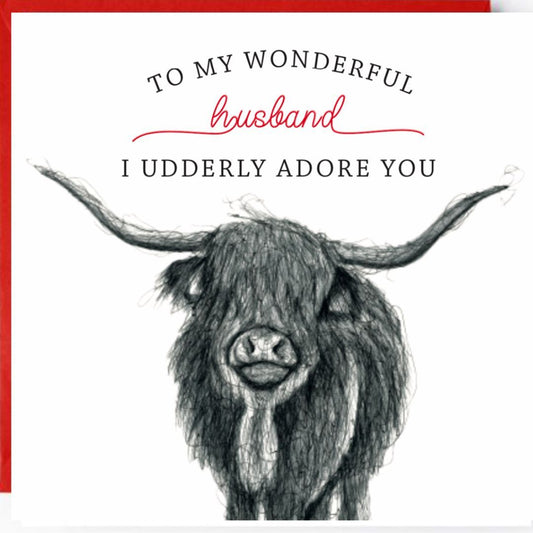 I Udderly Adore You" Highland Cow Card for Husband Greeting Card