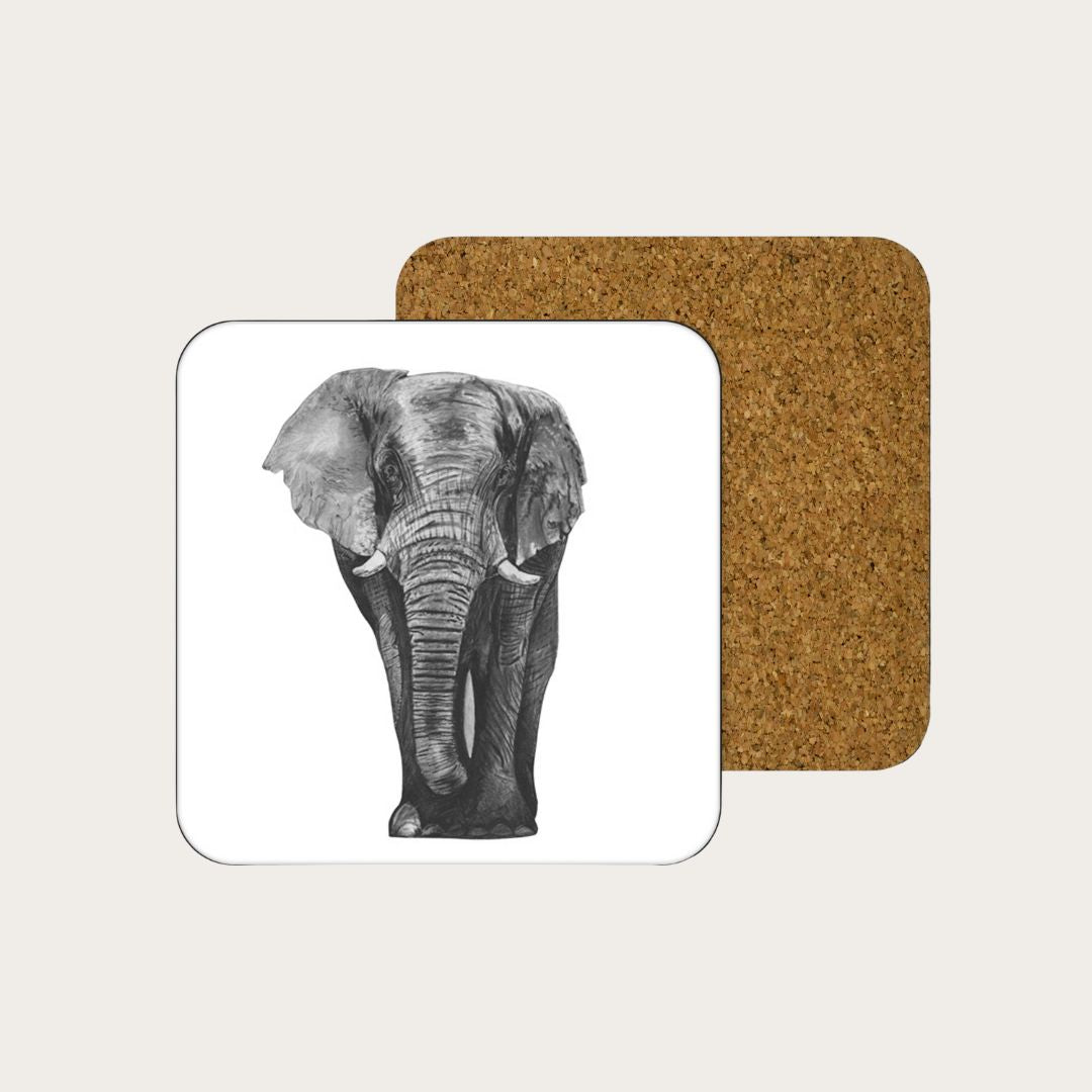 Hand-drawn Atik the Elephant Drinks Coaster by Libra Fine Arts, featuring a detailed black and white illustration of an elephant. A stylish and practical gift for wildlife enthusiasts