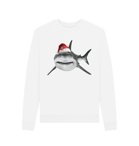 White Women's Crew Neck Festive Shark Sweater Certified Organic Cotton