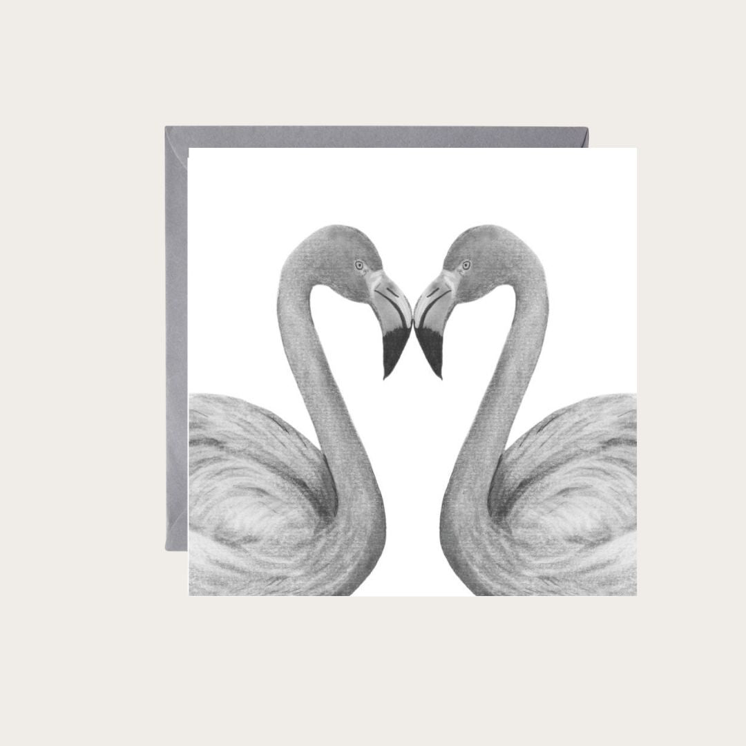 Two Flamingos in a Heart Hand-Drawn Greeting Card – A Romantic and Elegant Illustration