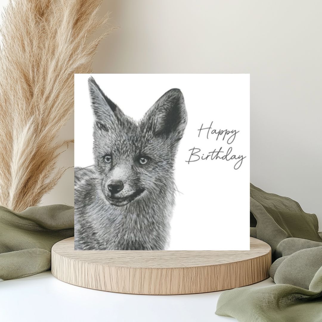 Hand-drawn Fox Birthday Card, beautifully illustrated for wildlife lovers. Paired with a vibrant yellow envelope, this charming card is printed on premium Libra Fine Arts FSC-certified cardstock, ensuring a high-quality, eco-friendly choice. Blank inside, ready for a heartfelt birthday message.