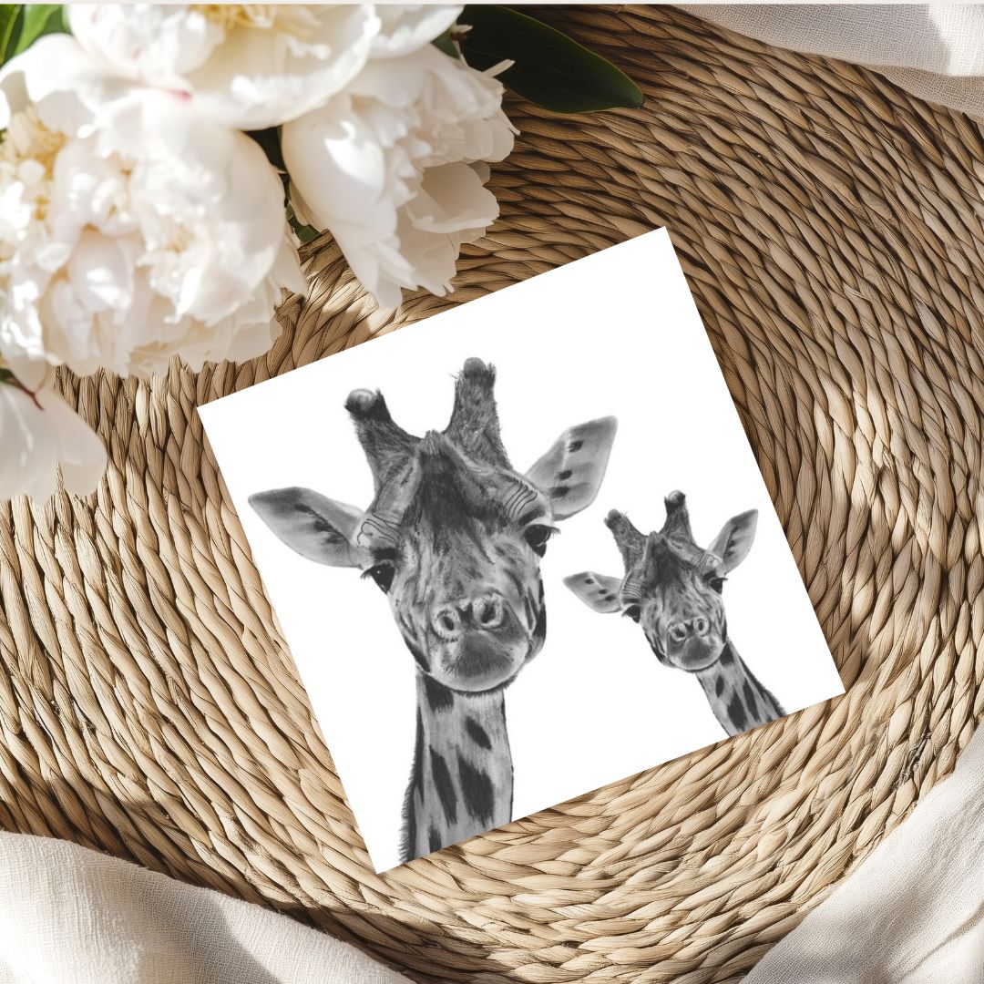 Maya and Baby Giraffe Hand-Drawn Greeting Card – A Fun and Heartwarming Illustration