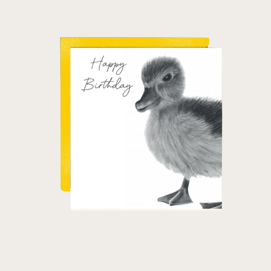 An adorable hand-drawn duckling birthday card, printed on Libra Fine Arts FSC-certified cardstock for a high-quality feel. Featuring a sweet fluffy duckling, this card is perfect for wildlife lovers, him, or her. Paired with a cheerful envelope, it’s a delightful choice for any birthday. Blank inside, ready for a personal message.