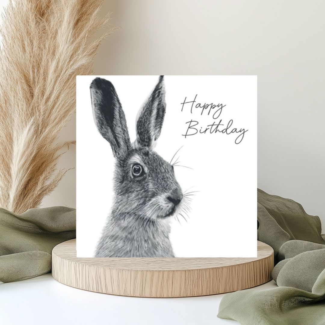 Hare Birthday Card Hand-Drawn by Lobra Fine Arts – A charming, hand-drawn design featuring an elegant hare, perfect for sending thoughtful and whimsical birthday wishes to someone special