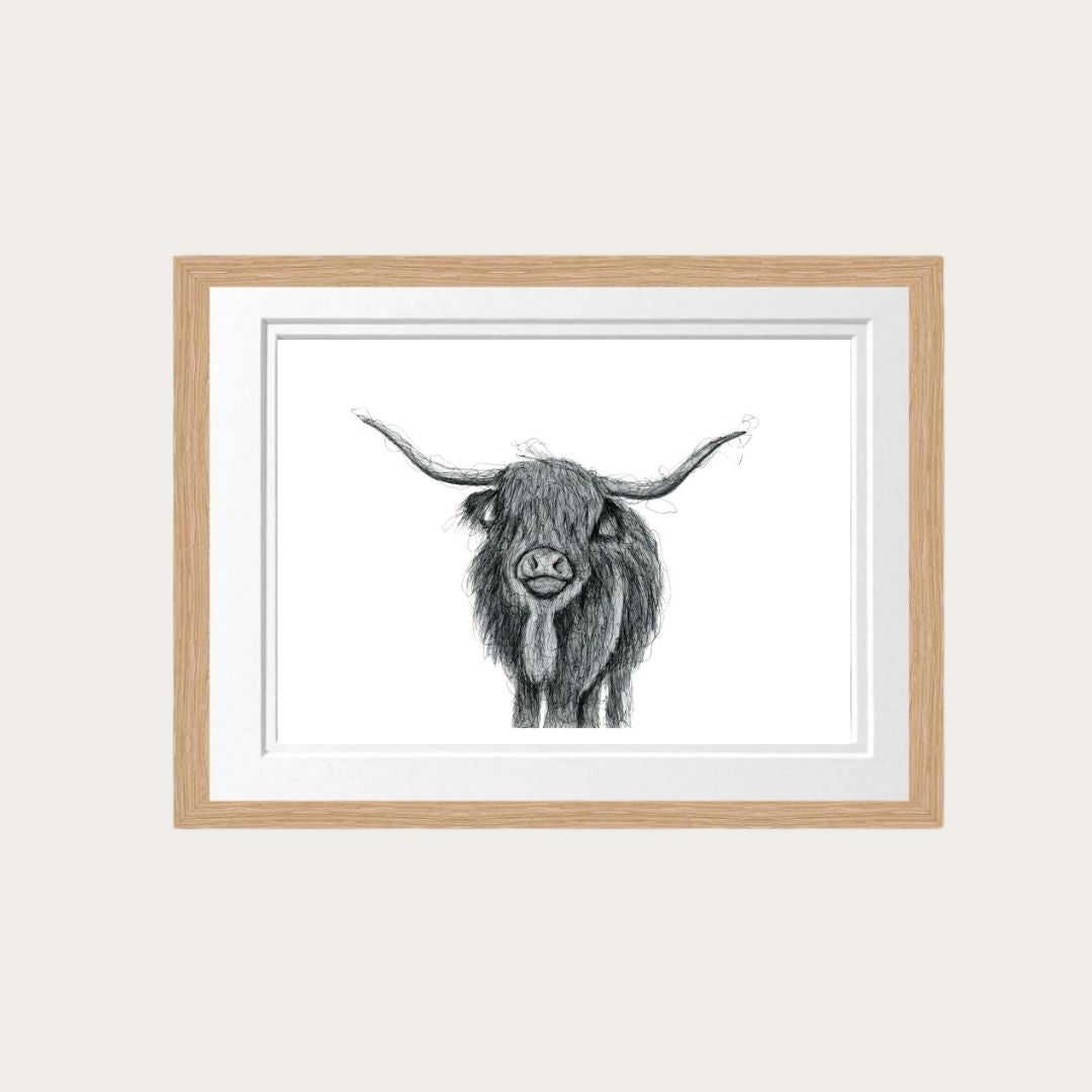 Highland Cow Fine Art Print – Hand-Drawn Rustic Wildlife Illustration