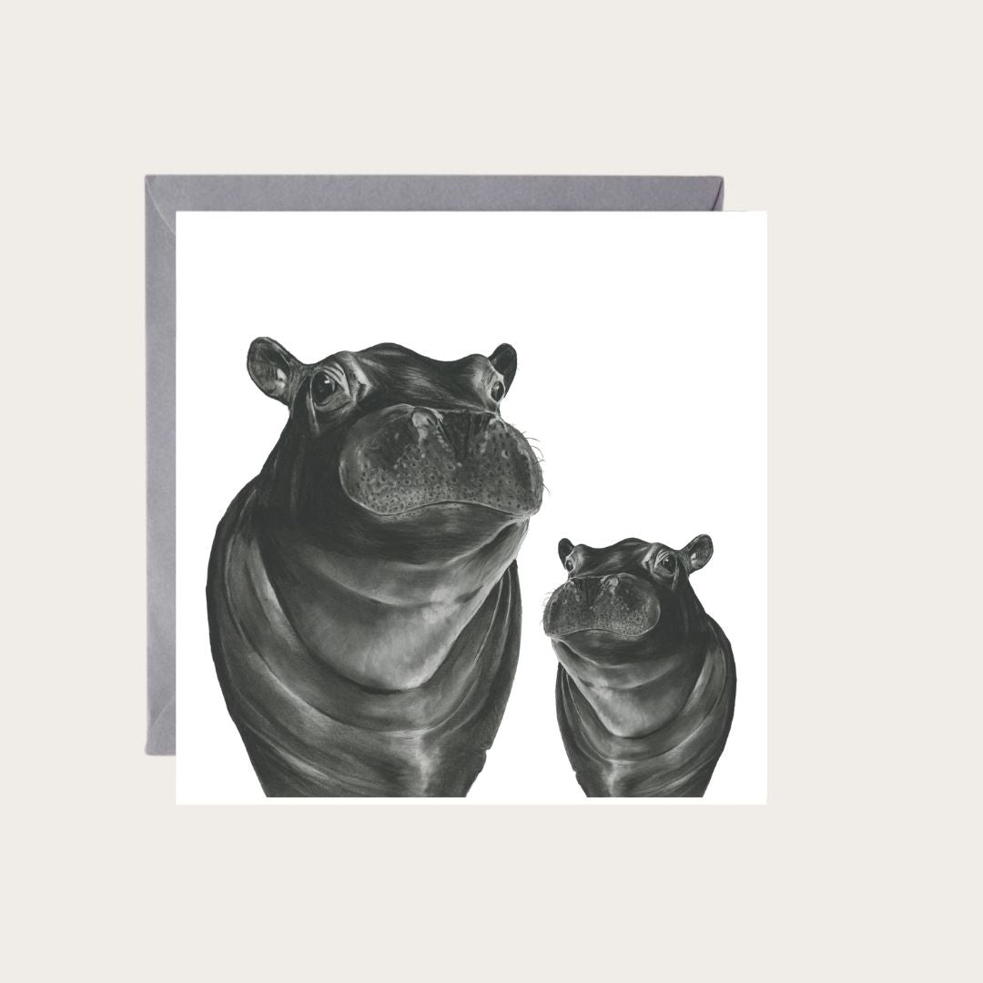 Carina and Baby Hippo Hand-Drawn Greeting Card – A Delightful Wildlife Illustration