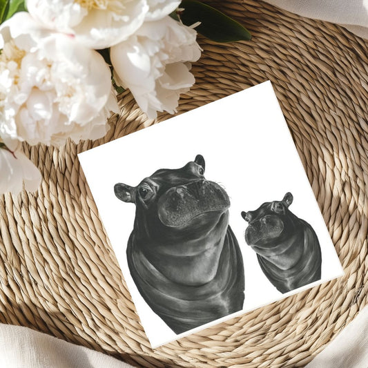 Carina and Baby Hippo Hand-Drawn Greeting Card – A Delightful Wildlife Illustration