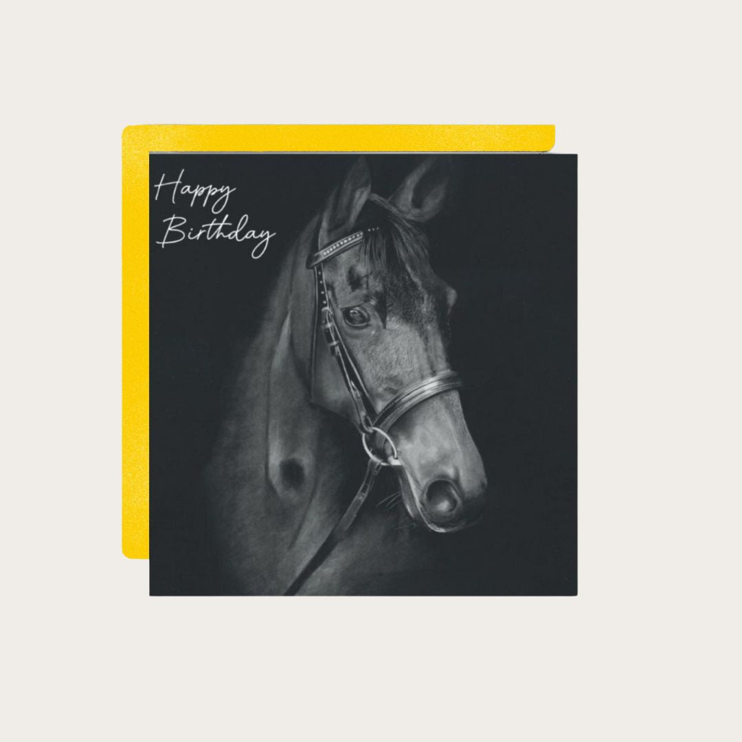 Narla the Horse Birthday Card – A beautifully hand-drawn horse greeting card, perfect for horse lovers and art enthusiasts. Paired with a cheerful yellow envelope, this luxury card makes a thoughtful gift for any special occasion. Blank inside, ready for a heartfelt message.