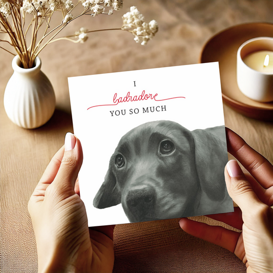 A hand-drawn 'I Labradore You So Much' greeting card featuring an adorable Labrador design, held in a woman's hands. The card comes with a red envelope, making it the perfect choice for dog lovers and an ideal gift for Valentine’s Day, anniversaries, or engagements. Printed on premium cardstock, it features a blank inside, ready to be personalized with a heartfelt message.







