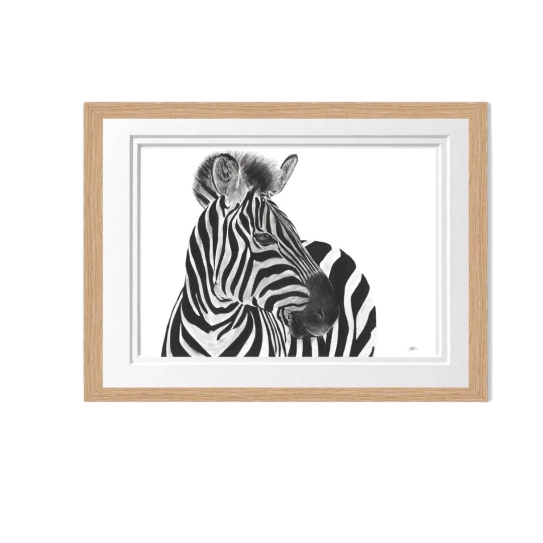 Libra_Fine_Arts_Hand_Drawn_Zebra_Drawing_in_oak_Frame. The perfect gift for christmas, birthday present or anniversary present for zebra, wildlife and safari lovers