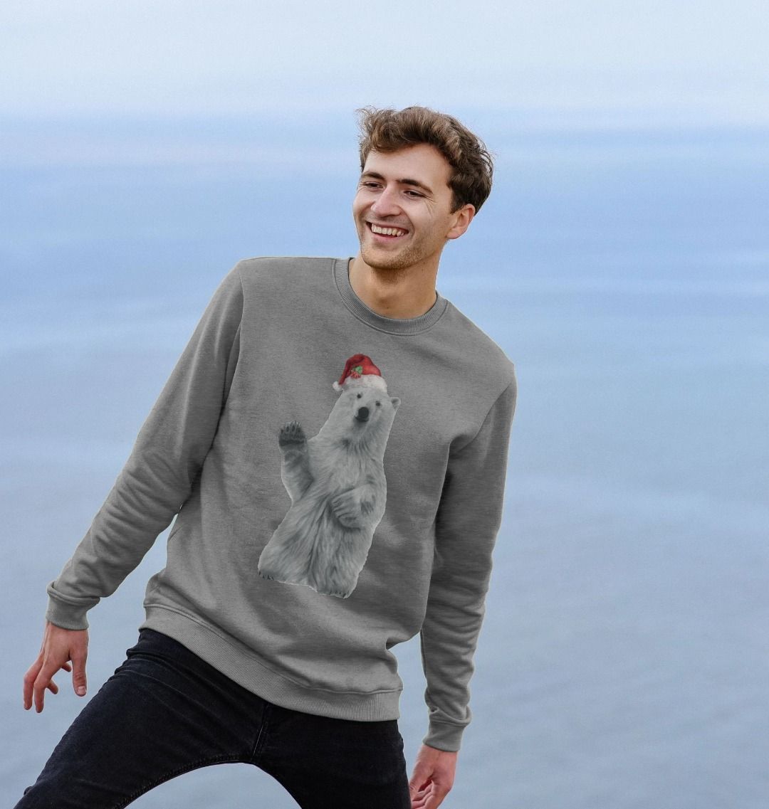 Men's Crew Neck Festive Polar Bear Sweater Certified Organic Cotton