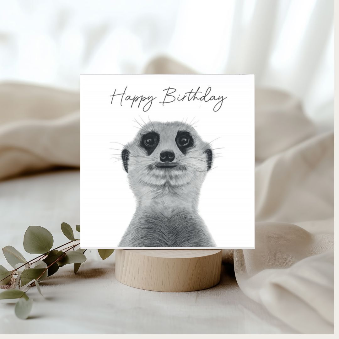 Cheeky Meerkat Birthday Card – Hand-Drawn Illustration