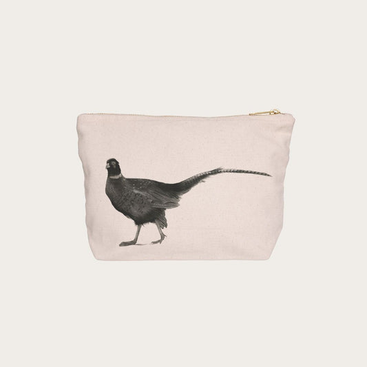 Cetus the Pheasant Pouch Bag by Libra Fine Arts, featuring a detailed black and white hand-drawn illustration of a pheasant. A stylish and functional accessory for countryside and wildlife lovers."