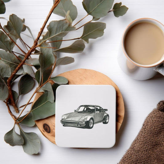 Hand-drawn Porsche car illustration on a drinks coaster by Libra Fine Arts. A detailed and stylish design, perfect for automotive enthusiasts who want to add a touch of luxury and flair to their home decor while protecting surfaces.