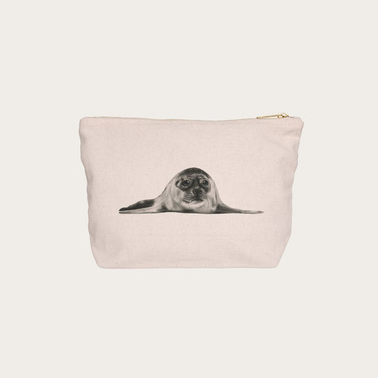 Hand-drawn seal illustration on a pouch by Libra Fine Arts. A beautifully detailed and charming design, perfect for adding a touch of coastal wildlife elegance to your accessories while offering practicality and style.