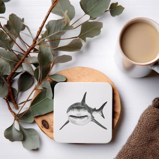 Shark Drinks Coaster From Libra Fine Arts . Sustainable shark  coaster, hand-drawn by Libra Fine Arts, featuring a charming shark  illustration. Eco-friendly and perfect for shark  lovers.a wonderful birthday present or christmas present for shark and sealife lovers