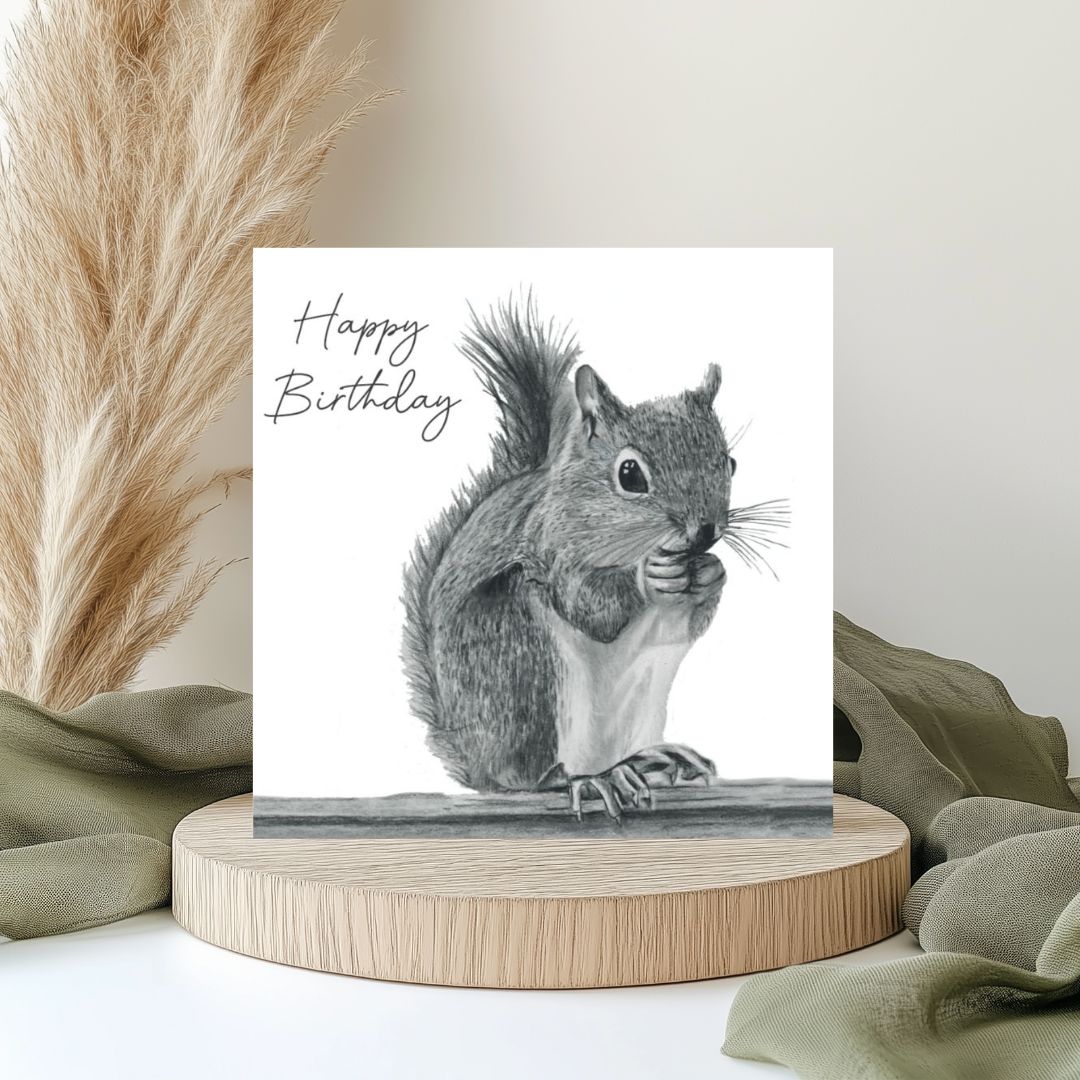 Squirrel Birthday Card Hand-Drawn by Lobra Fine Arts – A playful hand-drawn design featuring an adorable squirrel, perfect for sending cheerful birthday wishes