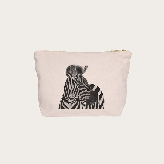 Capella the Zebra Pouch Bag by Libra Fine Arts, featuring a detailed black and white hand-drawn illustration of a zebra. A stylish and functional accessory for wildlife and nature lovers