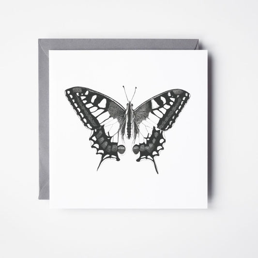 A Hand Drawn Butterfly Greeting Card From Libra Fine Arts. Hand-drawn Old World Swallowtail birthday card featuring a detailed ill