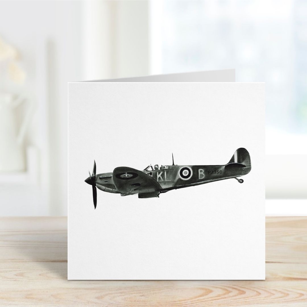 A Hand Drawn Flying Spitfire Greeting Card From Libra Fine Arts . Hand-drawn Spitfire greeting card featuring a detailed illustration of the iconic aircraft, blank inside for your own message."






