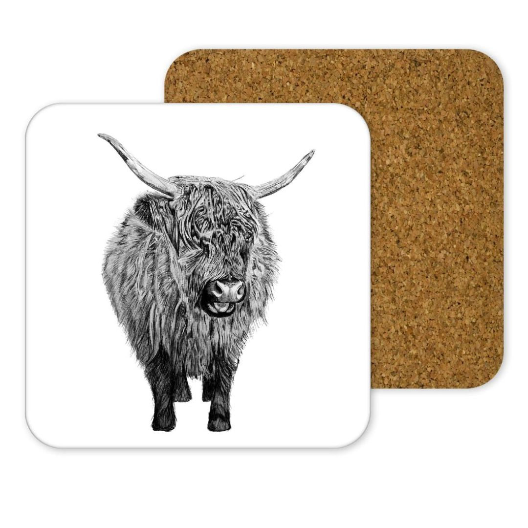 Baby Highland Cow Drinks Coaster From Libra Fine Arts . Sustainable popular highland cow coaster, hand-drawn by Libra Fine Arts, featuring a charming donkey illustration. Eco-friendly and perfect for animal lovers.a wonderful birthday present or christmas present for all highland cow fans. 