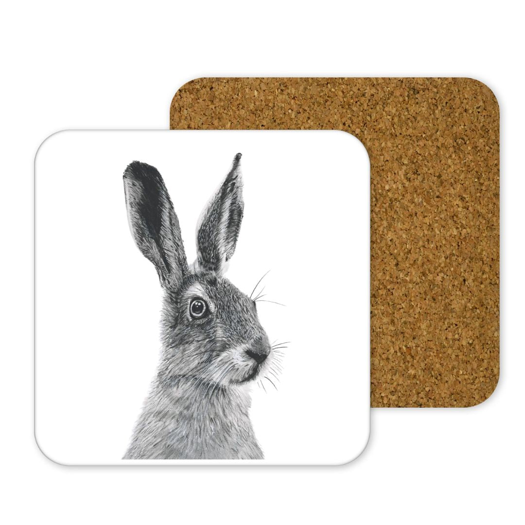 Hare Drinks Coaster From Libra Fine Arts . Popular Sustainable donkey coaster, hand-drawn by Libra Fine Arts, featuring a charming donkey illustration. Eco-friendly and perfect for animal lovers.a wonderful birthday present or christmas present for hare and countryside lovers