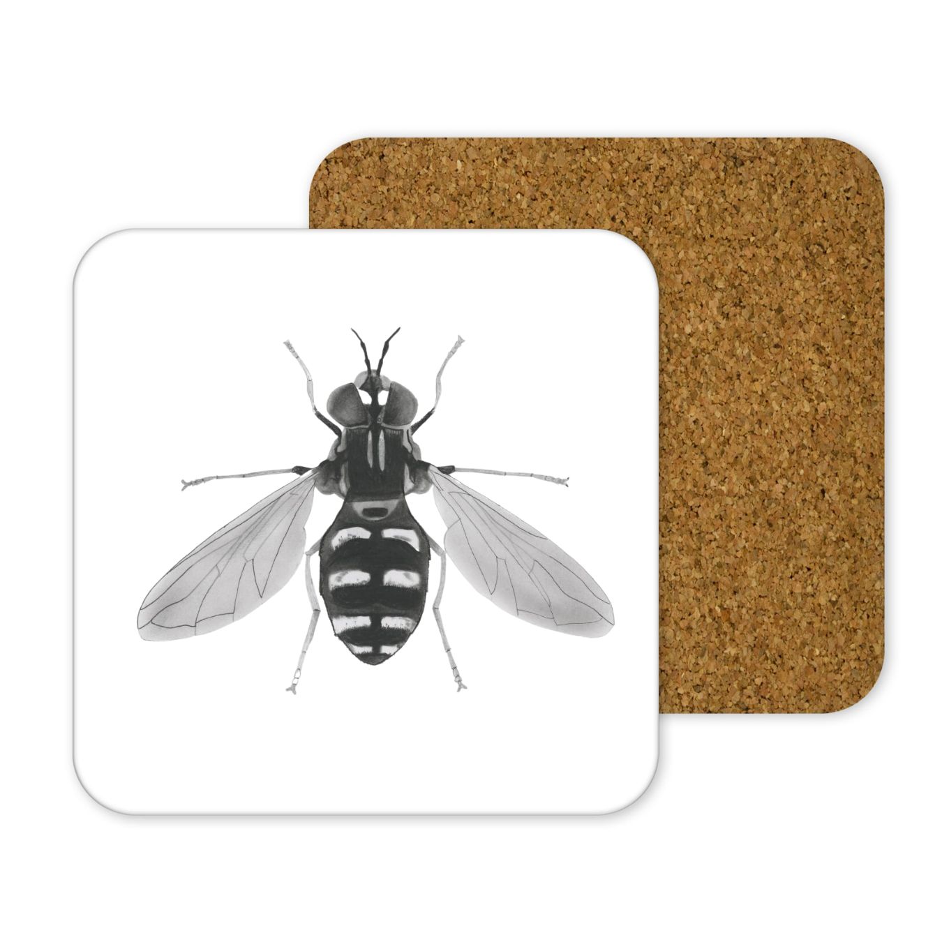 Hover Fly Drinks Coaster From Libra Fine Arts . Sustainable hoverfly  coaster, hand-drawn by Libra Fine Arts, featuring a detailed hoverfly illustration. Eco-friendly and perfect for animal lovers.a wonderful birthday present or christmas present for inscet lovers