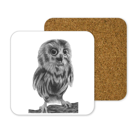 Owl Drinks Coaster From Libra Fine Arts .  Sustainable adorable owl coaster, hand-drawn by Libra Fine Arts, featuring a detailed owl illustration. Eco-friendly and perfect for bird lovers.